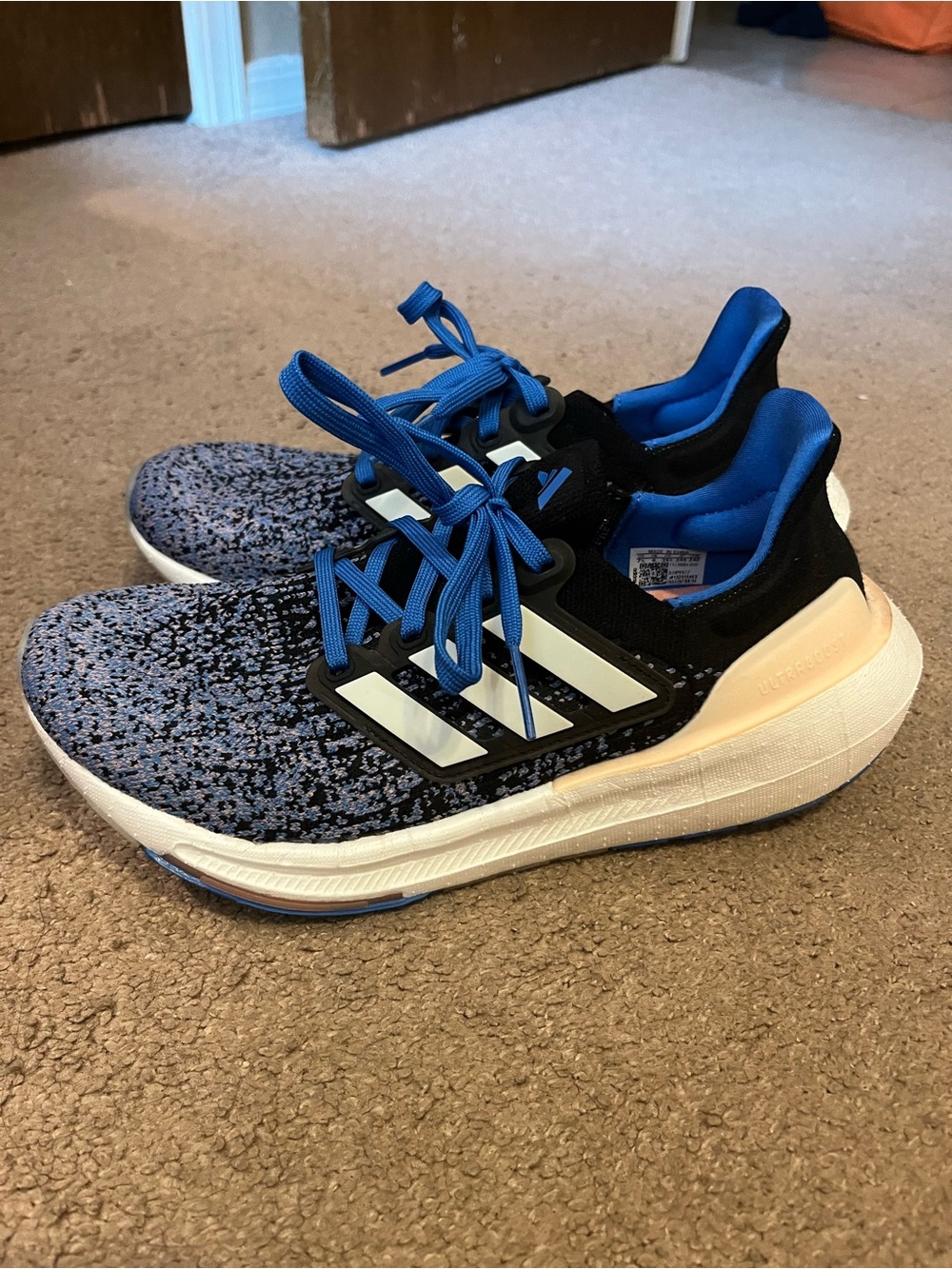 adidas Ultraboost Black & Blue Knit Athletic Sneakers with White Stripes